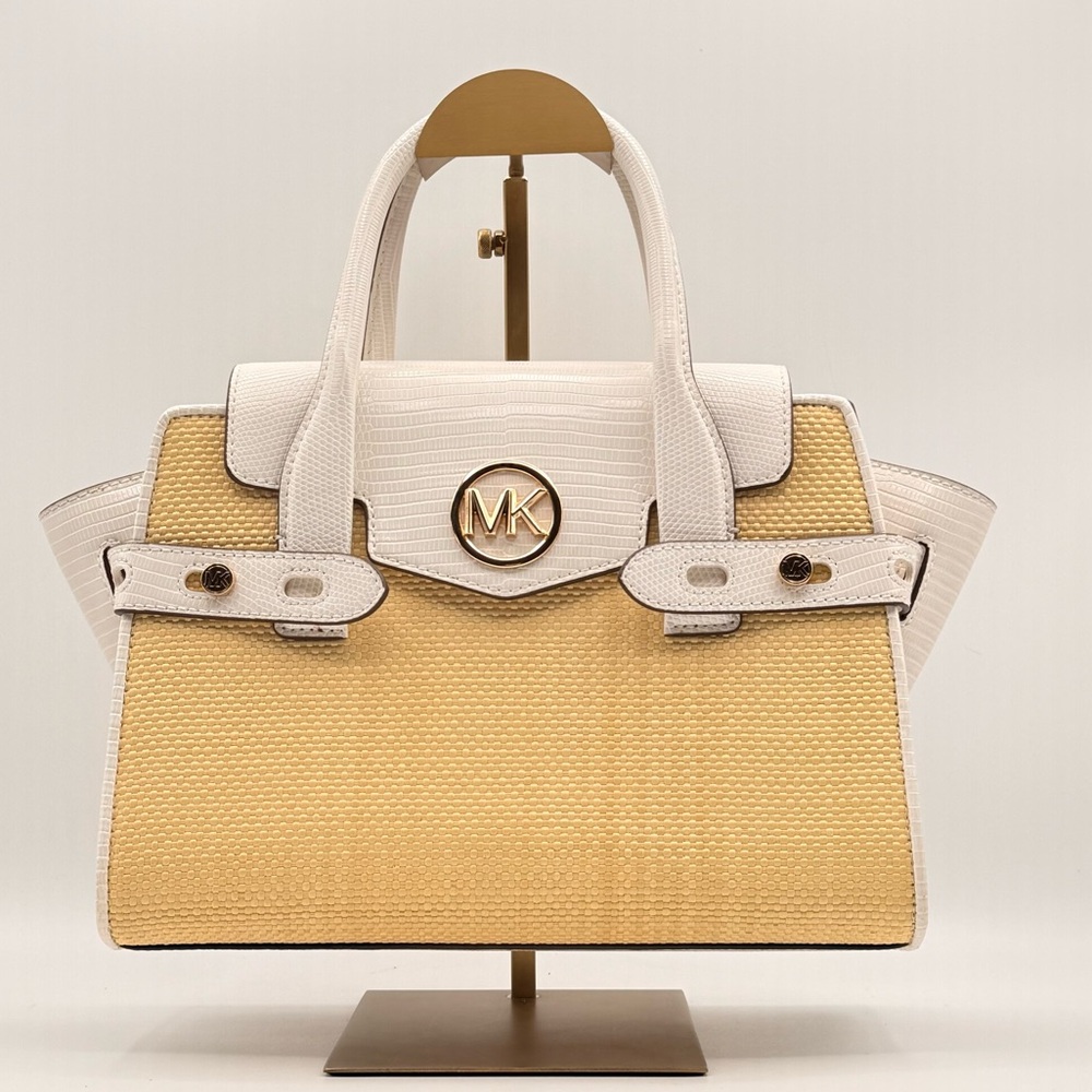 Michael Kors Carmen Medium Straw Cream  Leather Gold Logo Top Handle Satchel Bag